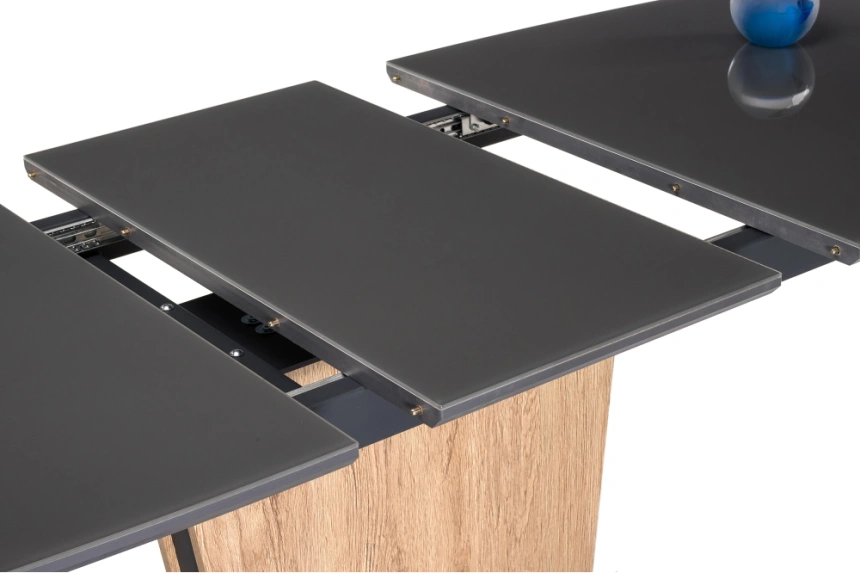 Кухонный обеденный раздвижной стол Теон, 140(180)х80х76, стекло, графит / дуб антор натуральный